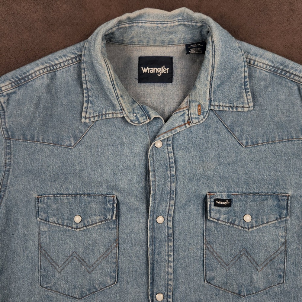 Wrangler Denim Western Shirt Mens Large Tall‎ LT Blue Long Sleeve Pearl Snap